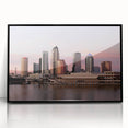 Large abstract wall art depicting the Tampa skyline in muted gray and blue tones, framed in black acrylic.