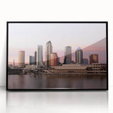 Large abstract wall art depicting the Tampa skyline in muted gray and blue tones, framed in black acrylic.