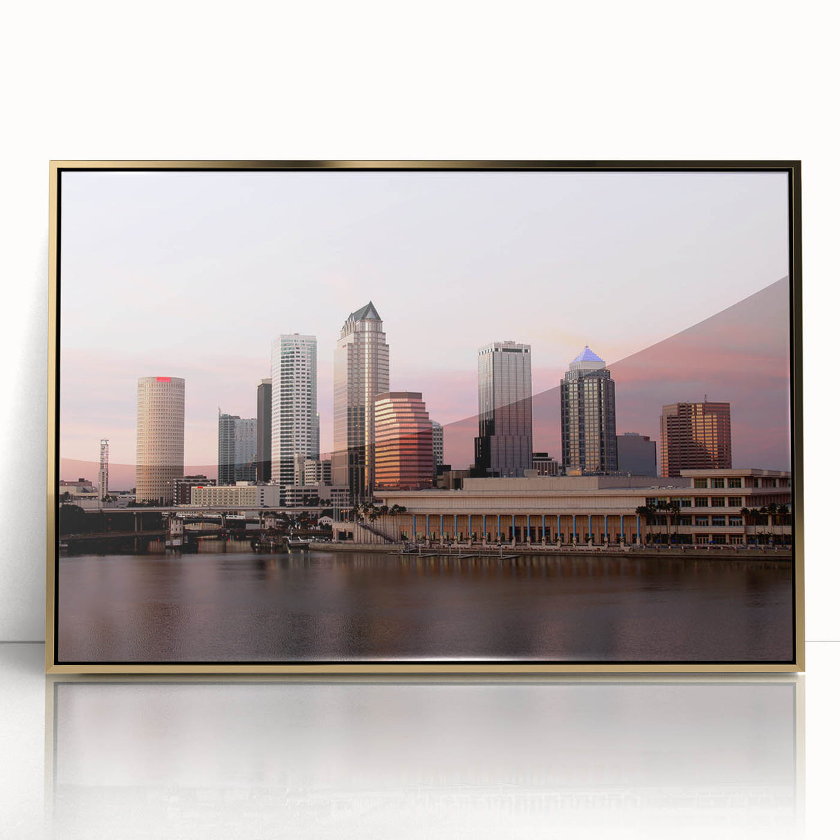 Framed acrylic print of Tampa skyline in muted gold and blue tones, ideal for modern art wall decor.