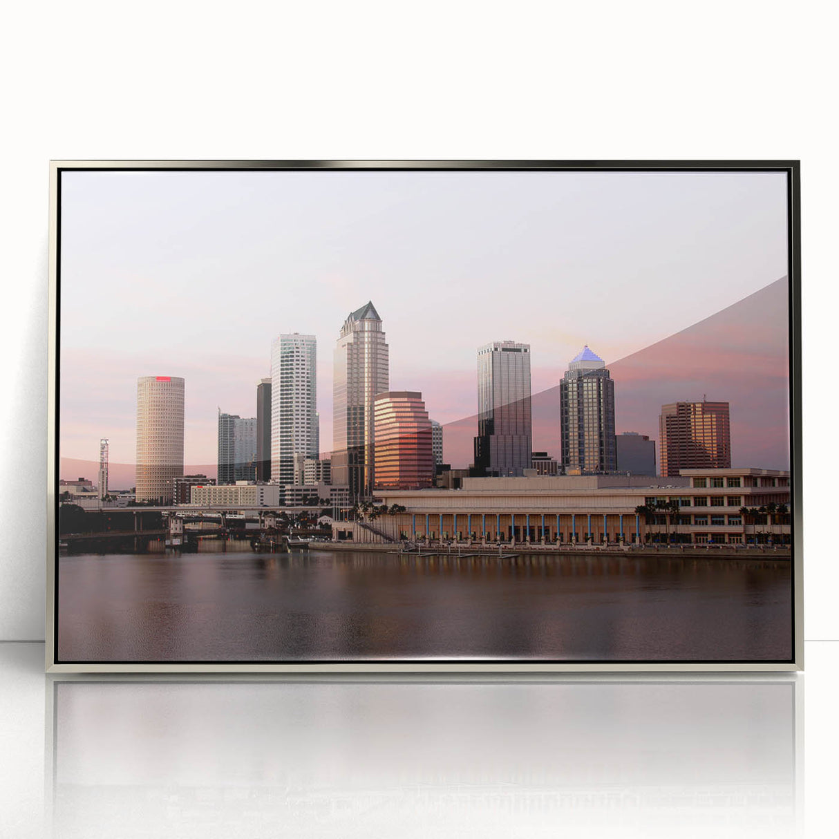 Mid-century modernist art depicting Tampa, Florida skyline in muted blue and silver tones on a framed acrylic print.