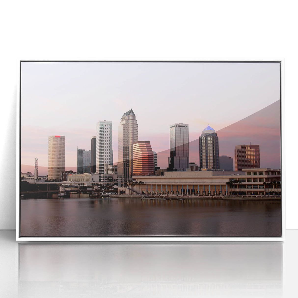 Art deco style Tampa skyline on white acrylic framed print, with pastel blue and pink tones.