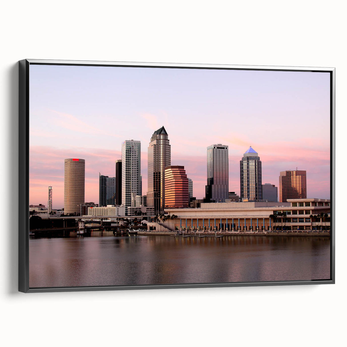 Black and white framed canvas of Tampa landscape with vintage poster style, ideal for bedroom wall art.
