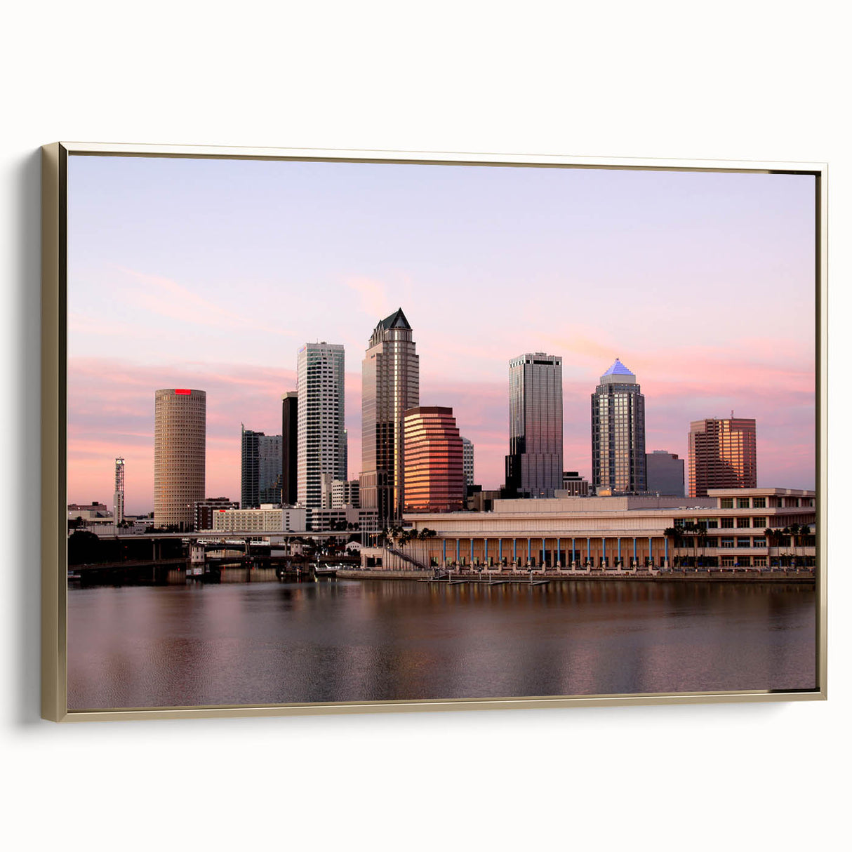 Framed canvas depicting a vintage-style Tampa landscape in black and gold, ideal for bedroom wall art.