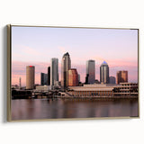 Framed canvas depicting a vintage-style Tampa landscape in black and gold, ideal for bedroom wall art.