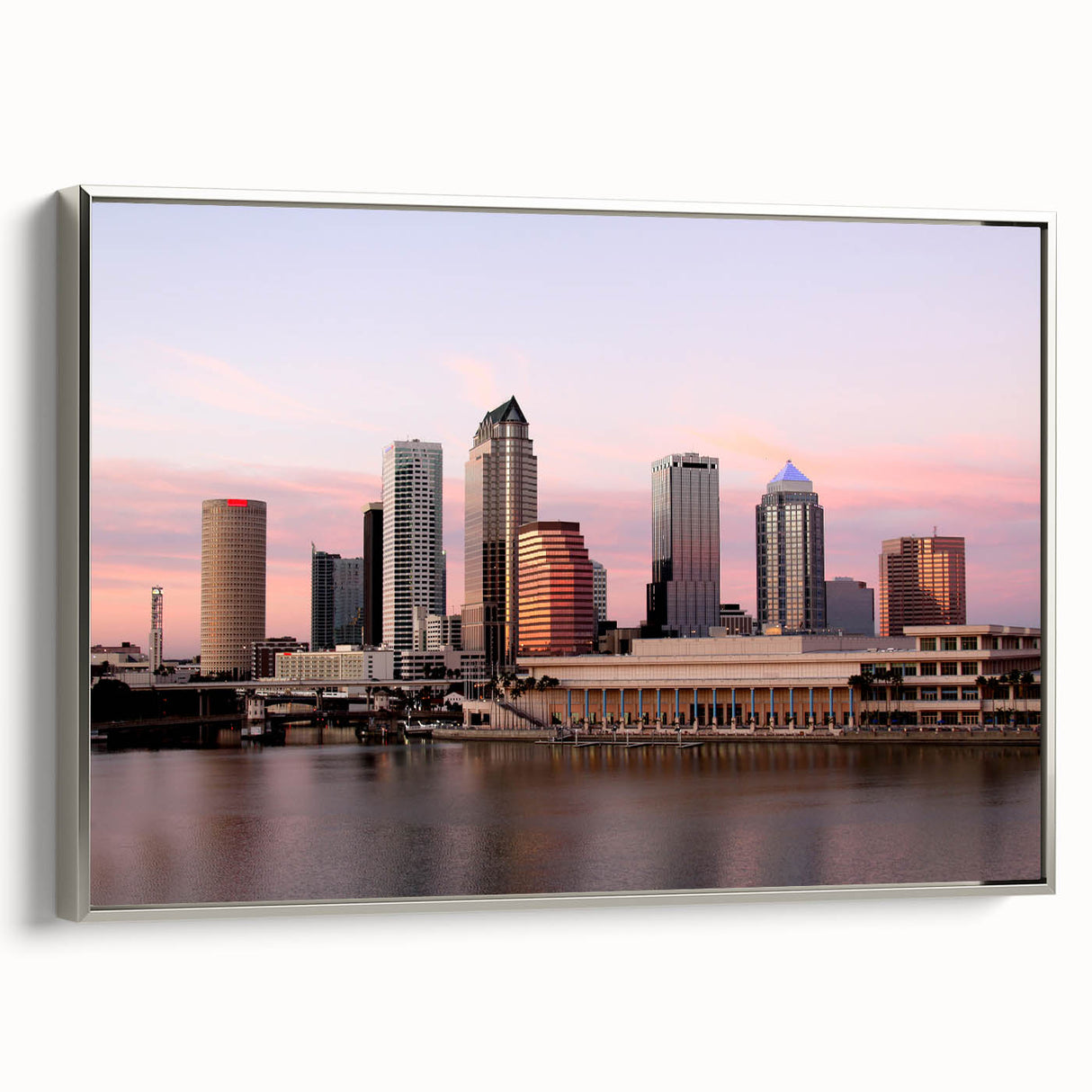 Framed canvas landscape art painting of Tampa skyline in vibrant colors, ideal for living room decor.