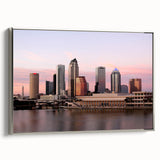 Framed canvas landscape art painting of Tampa skyline in vibrant colors, ideal for living room decor.
