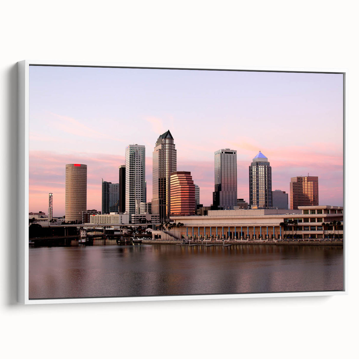 Vintage poster art of Tampa skyline in vibrant colors on a large framed canvas, suited for living room decor.