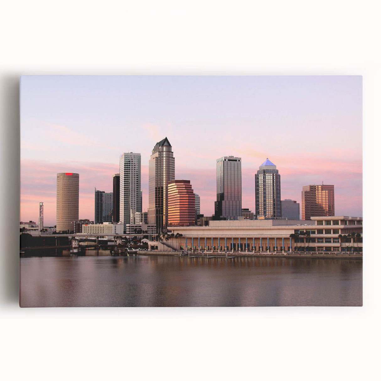 Black and white panoramic photo of Tampa skyline on large stretched canvas, ideal for kitchen wall art.
