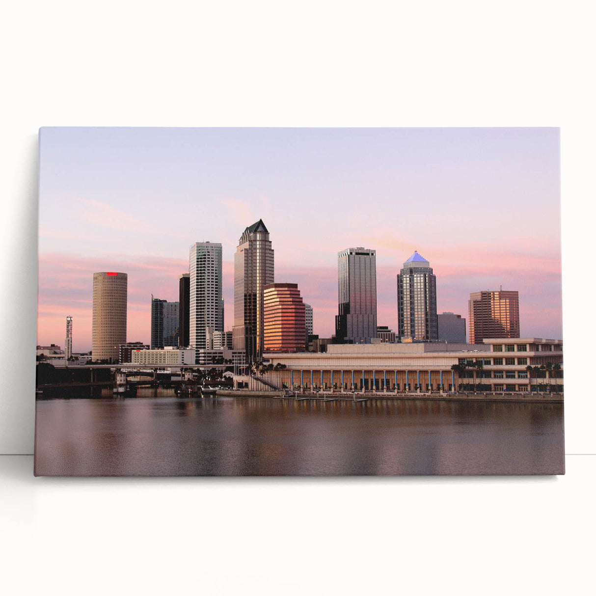 Black and white stretched canvas of Tampa skyline, ideal for kitchen wall art.