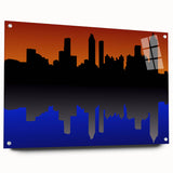 Acrylic print of the Atlanta skyline in vibrant twilight hues, suited for bedroom or dining room decor.