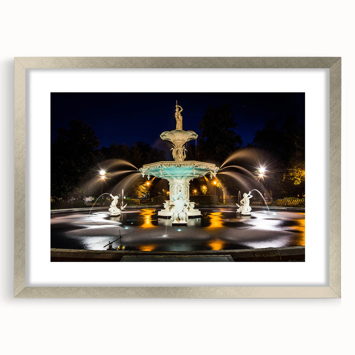 Textured art depicting an abstract Savannah, Georgia scenery in muted earth tones on a framed silver mat.