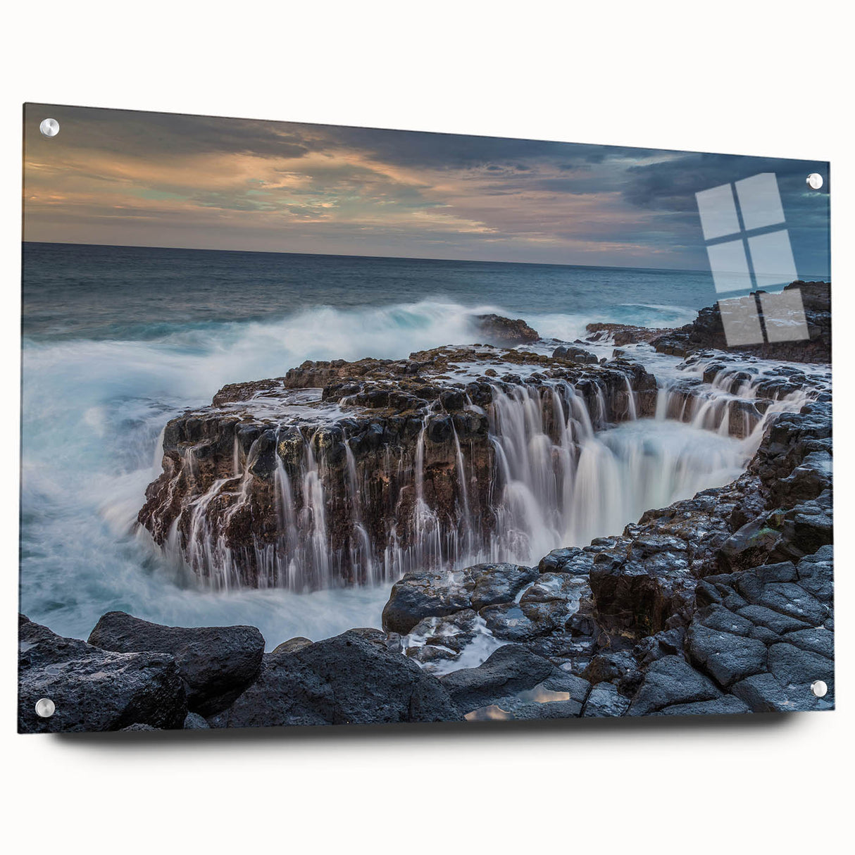 Acrylic print of Kauai landscape with lush greenery and ocean, in soothing green and blue tones.