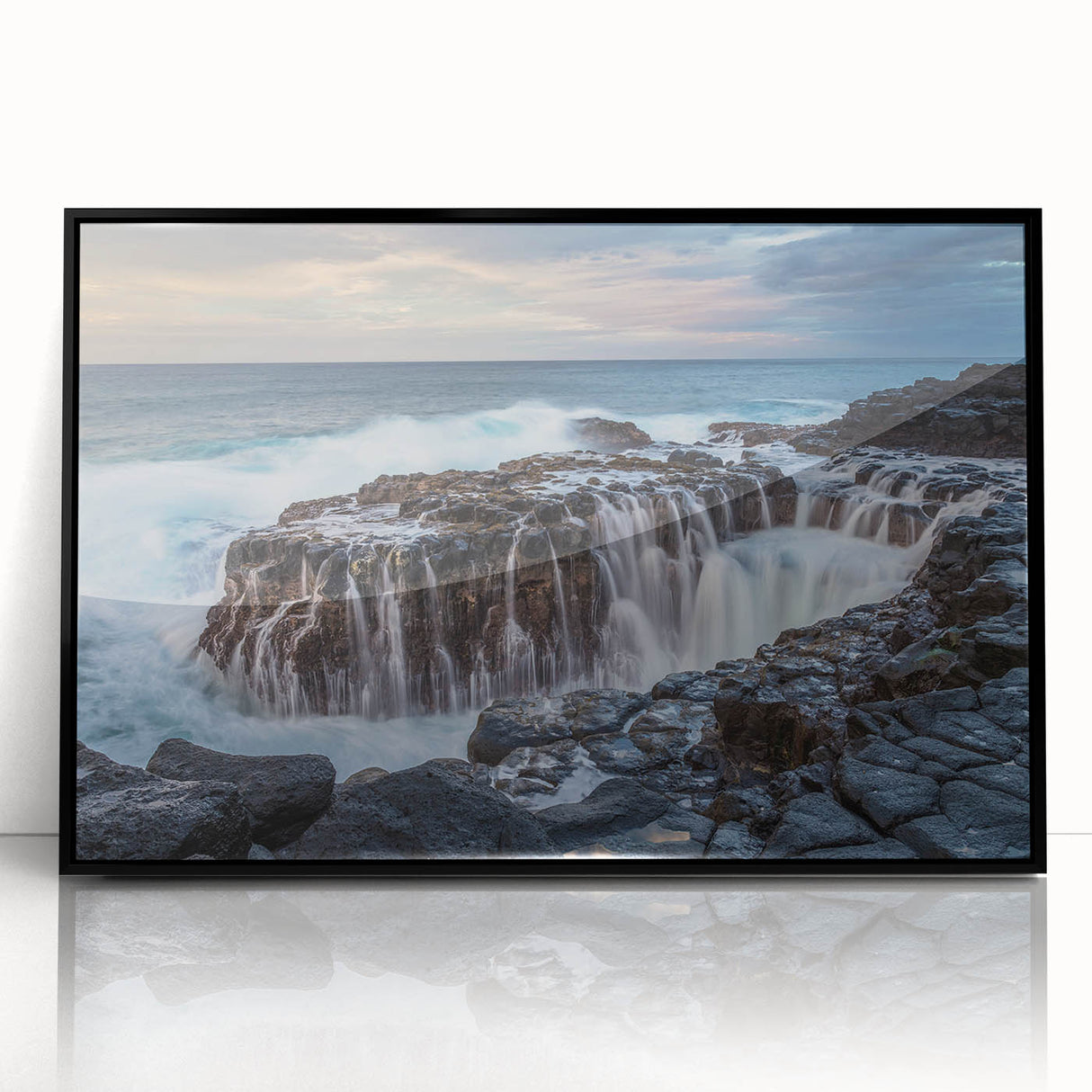 Large abstract wall art depicting a vibrant Kauai landscape in shades of green and blue on a black framed acrylic print.