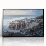 Large abstract wall art depicting a vibrant Kauai landscape in shades of green and blue on a black framed acrylic print.