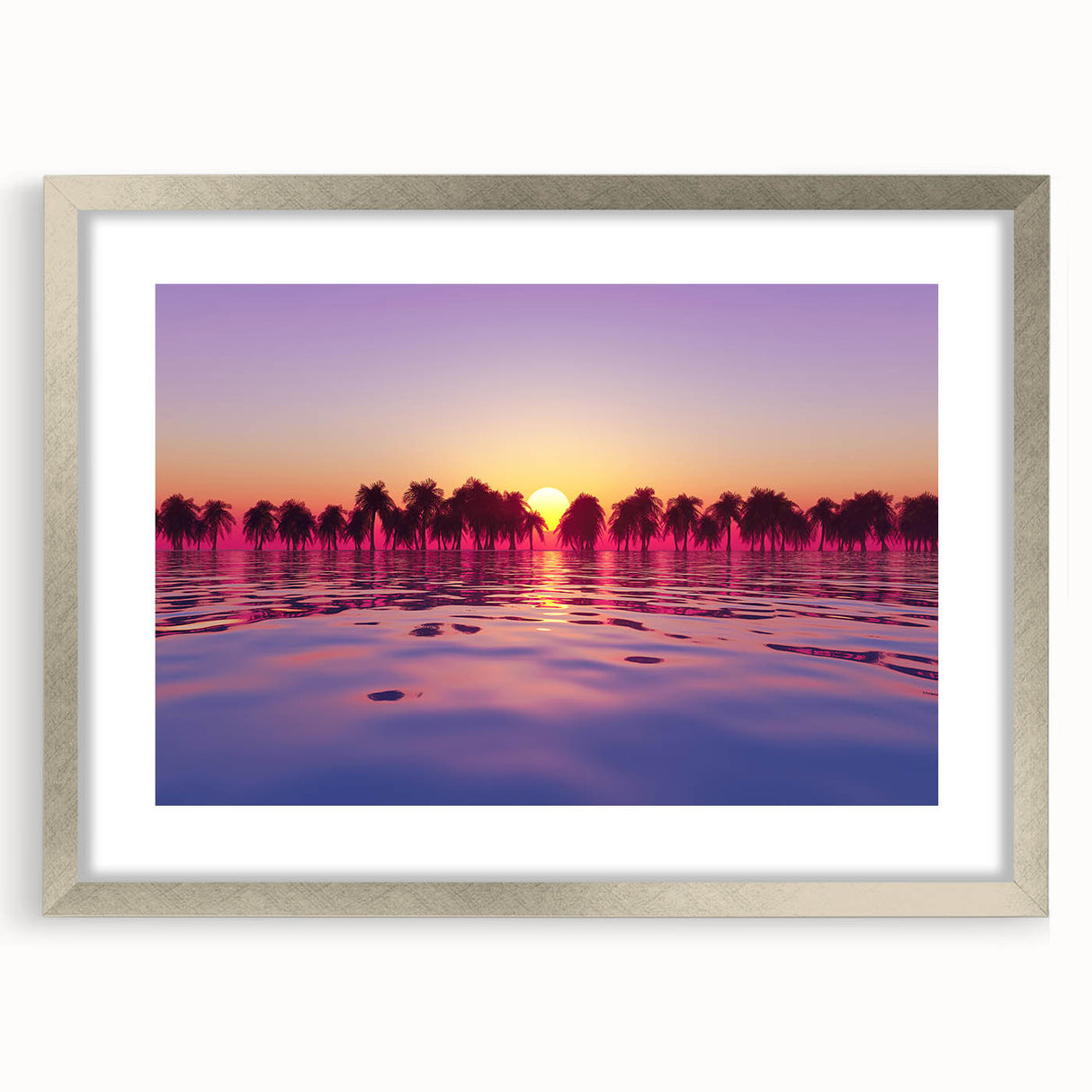 Textured abstract art print of Maui scenery, featuring muted blue and green hues on a framed silver mat.