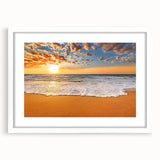 Abstract art print depicting the Oahu coastline in muted blue and green tones, framed in white.
