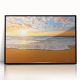 Large abstract wall art depicting Oahu's coastline in muted blue and green tones, framed in black acrylic.