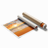 Rolled print of a Hawaiian beach scene with lush greenery and ocean view, in pastel colors.