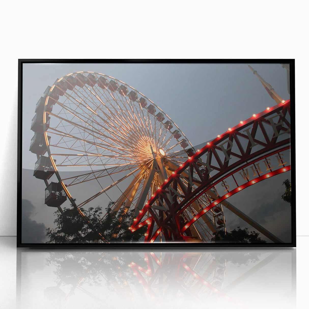 Large abstract wall art of Chicago skyline in black and white hues on a framed acrylic panel.