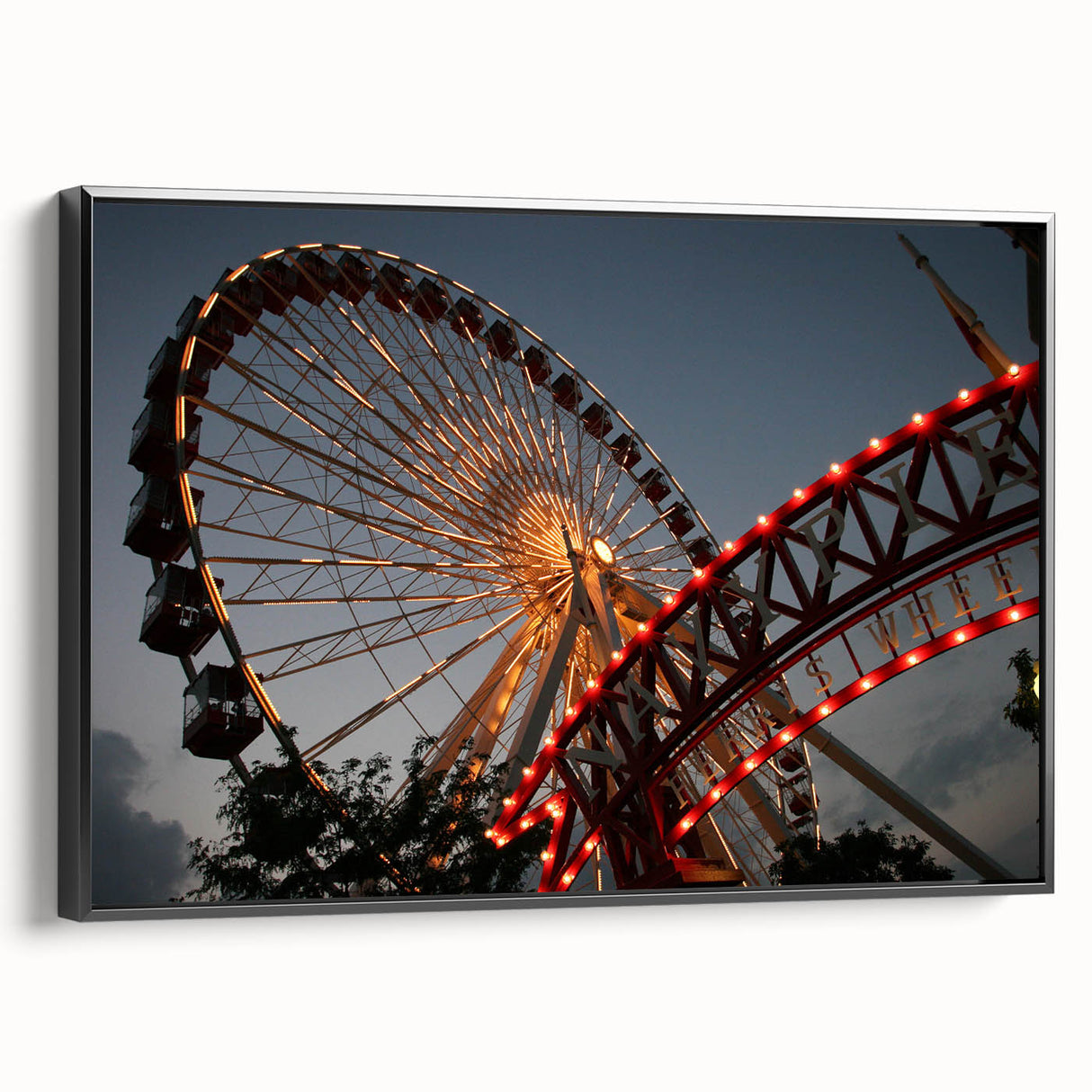 Black and white framed canvas of Chicago skyline with vintage poster art, ideal for bedroom wall decor.
