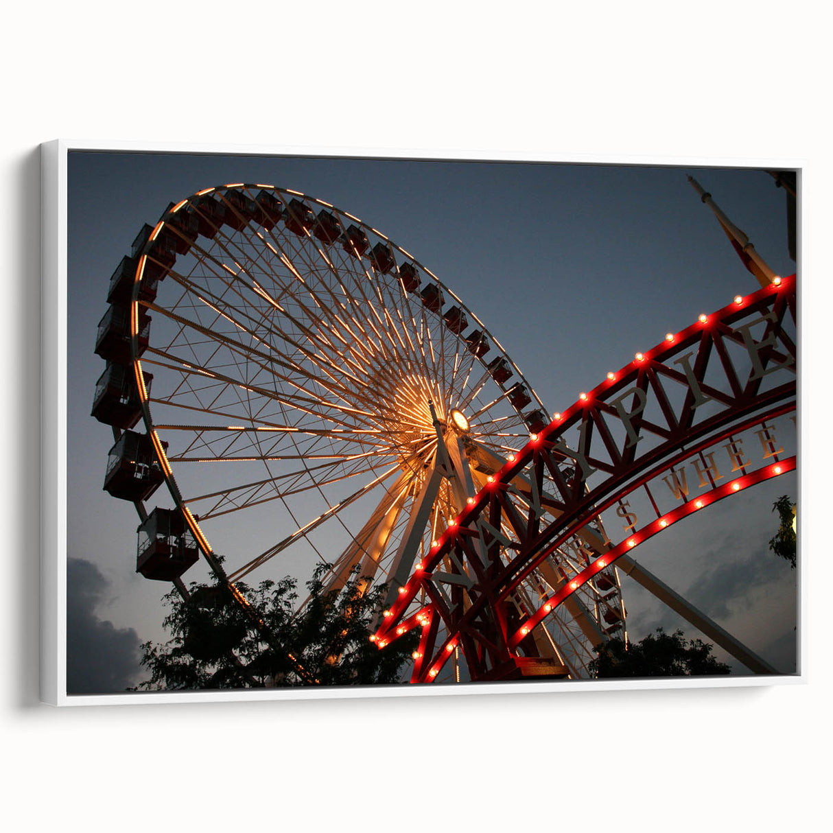 Vintage poster art of Chicago skyline in vibrant colors on a large framed canvas, ideal for living room decor.