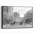 Black and white framed canvas depicting a vintage-style Indianapolis landscape, ideal for bedroom wall art.