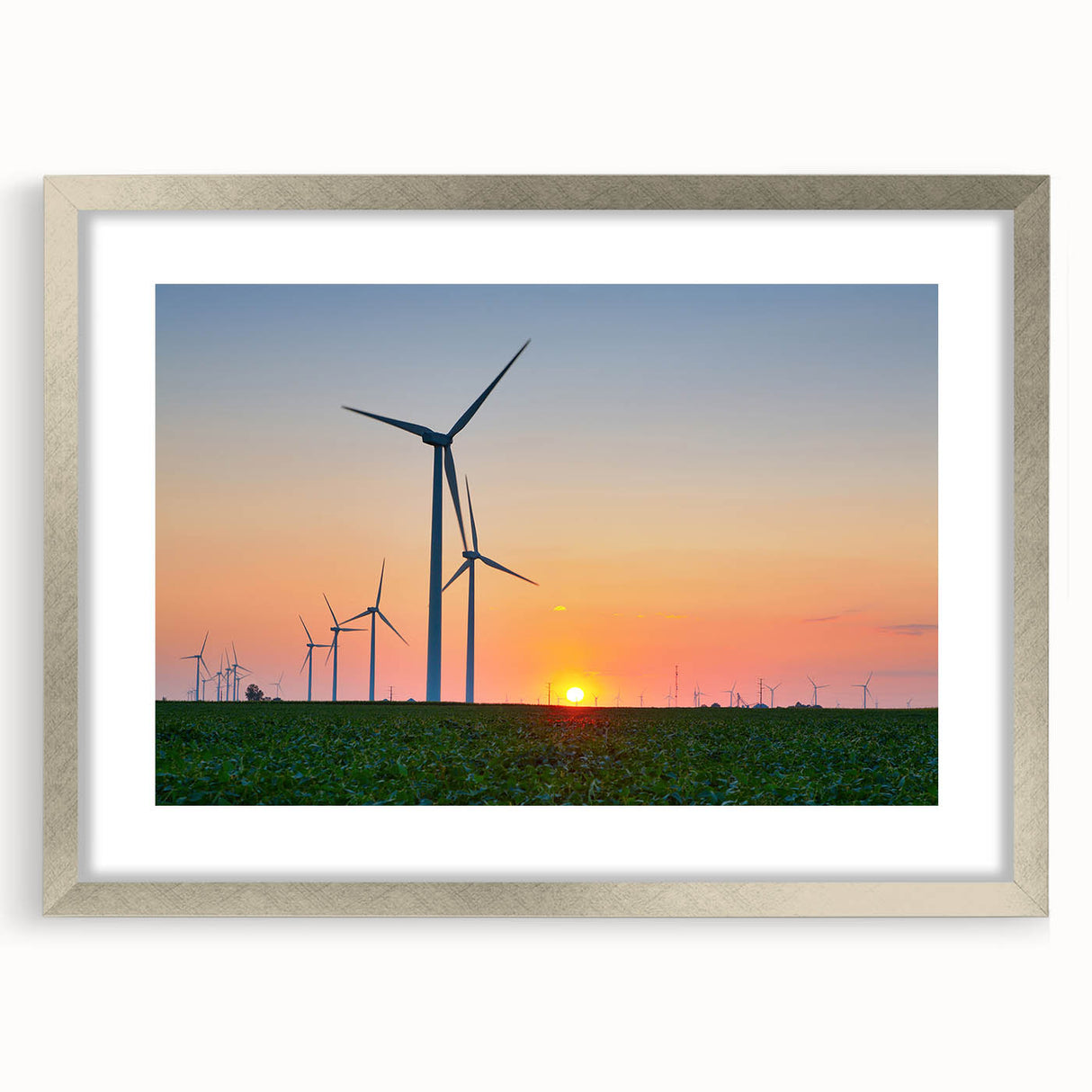 Textured abstract art print of Indiana scenery in muted earth tones, framed with a silver mat, suitable for bedroom decor.