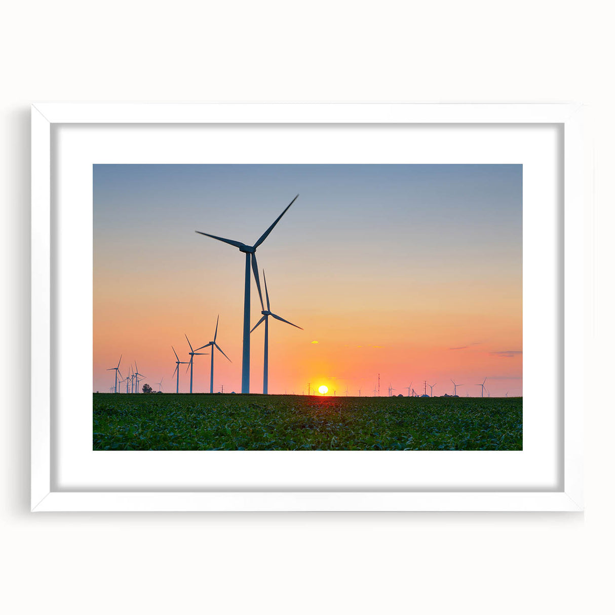 Abstract art print of Indiana scenery in muted earth tones on a framed white mat, ideal for dining room decor.