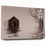 Acrylic print of a serene Iowa landscape in muted green and blue tones, ideal for dining room decor.