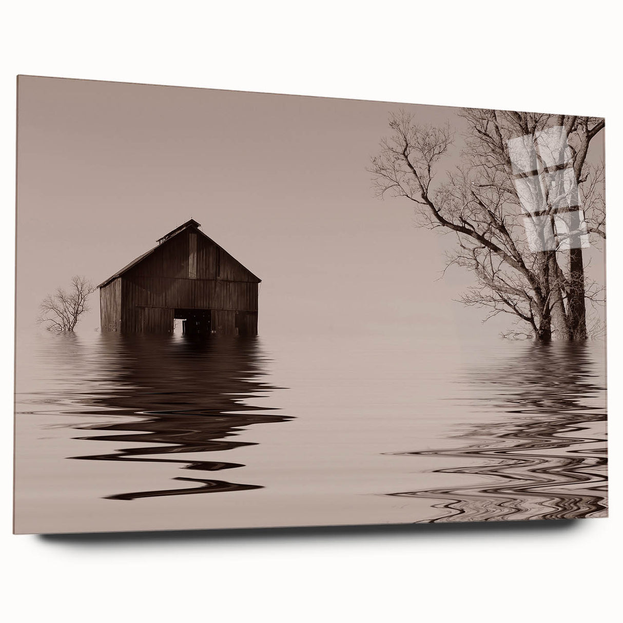 Acrylic print of a large abstract depiction of Iowa scenery in muted earth tones, suitable for bedroom or dining room art.