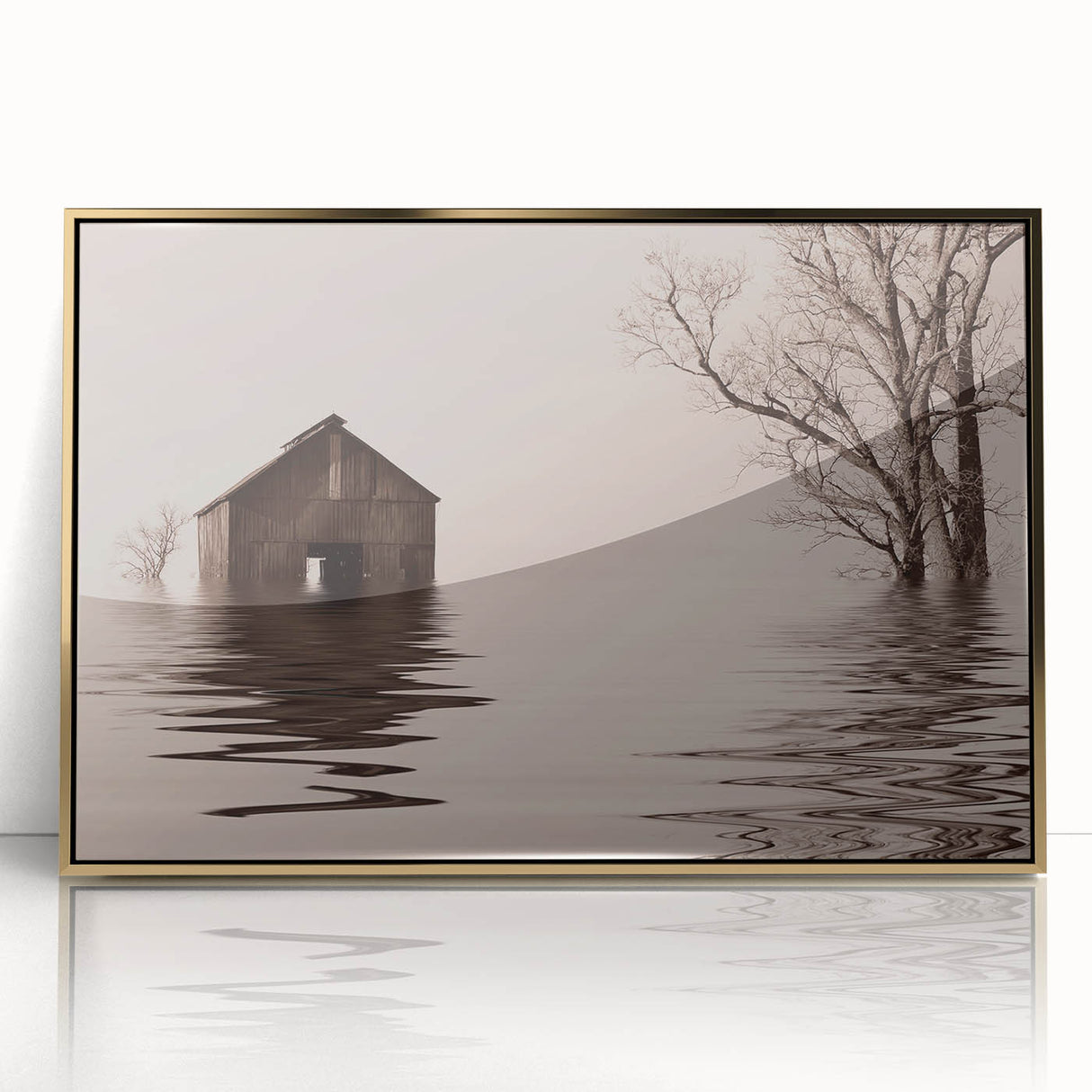 Framed acrylic print of a serene Iowa landscape in soft gold and green tones, perfect for modern art wall decor.