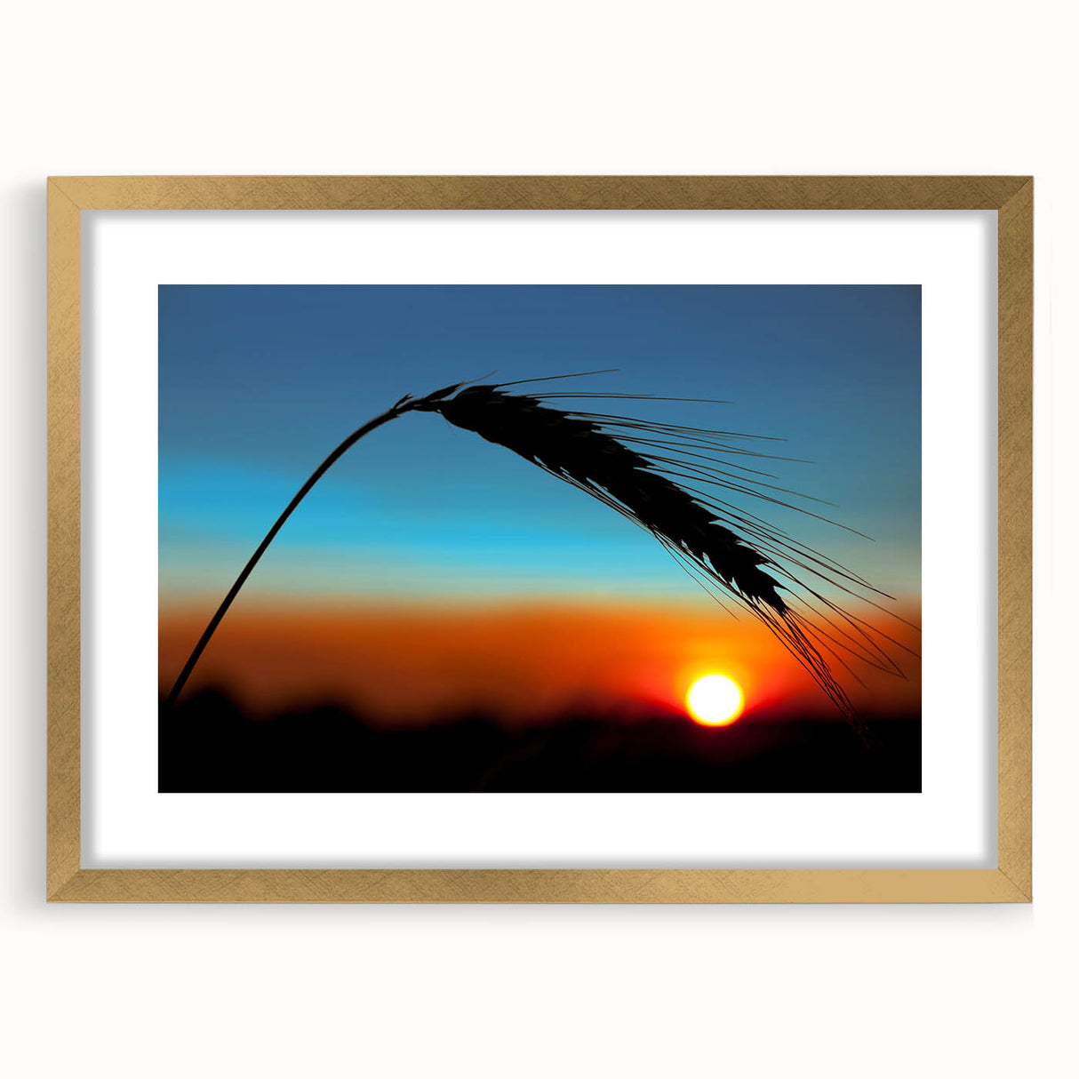 Extra large abstract art print of a textured Kansas scenery in muted earth tones, framed in gold.