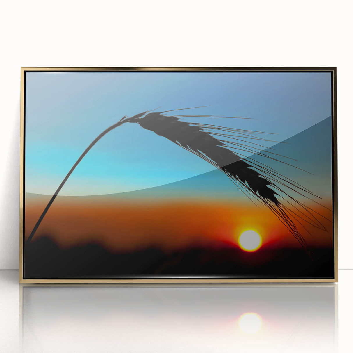 Framed acrylic print of Kansas scenery with golden hues in a mid-century modernist style, suitable for nursery wall art.