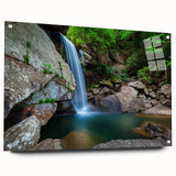 Acrylic print of a Kentucky landscape with vivid green and soft blue tones, suitable for bedroom or dining room decor.