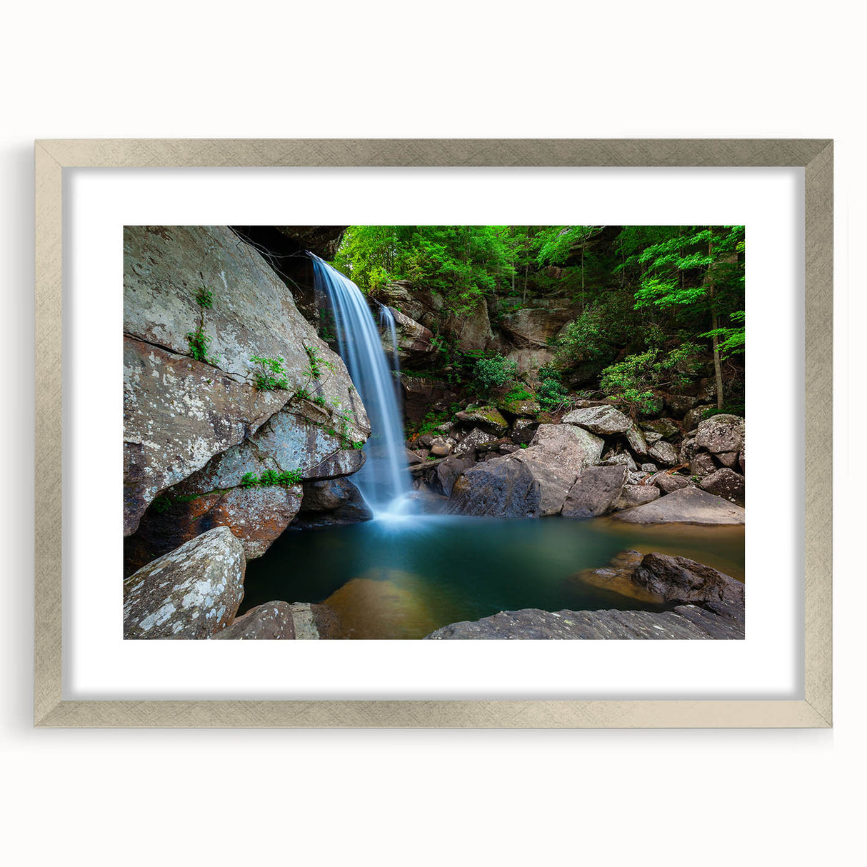 Textured abstract art print of Kentucky scenery in muted earth tones, framed in silver, ideal for bedroom art.