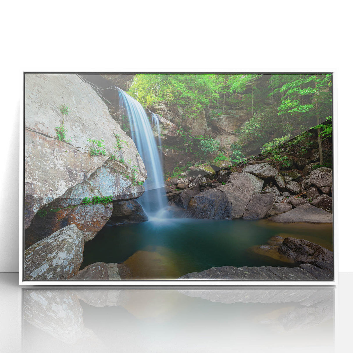 Acrylic print of a Kentucky landscape in art deco style, with soft pastel colors, framed in white.