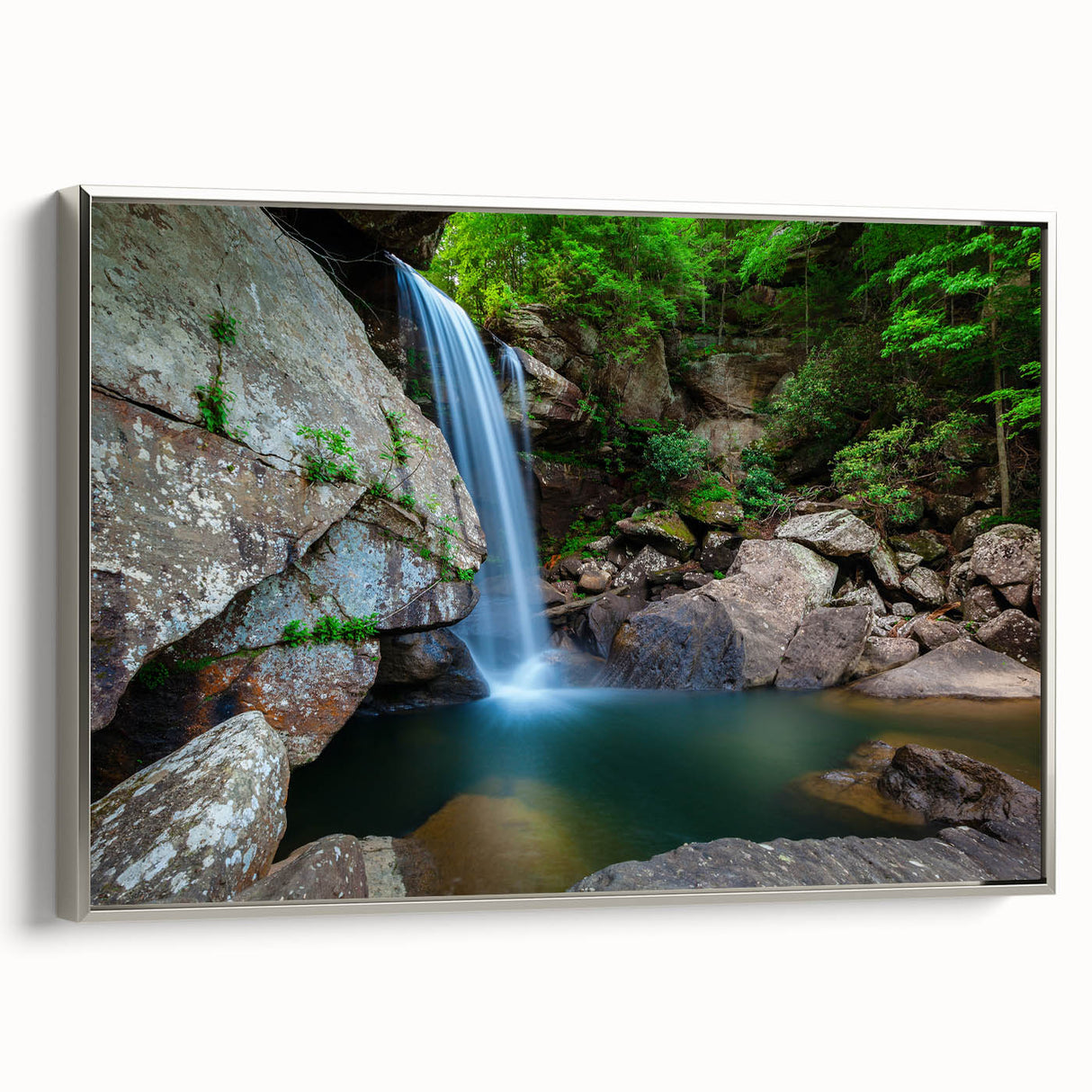 Framed canvas of a Kentucky landscape in vibrant colors, ideal for living room decor.