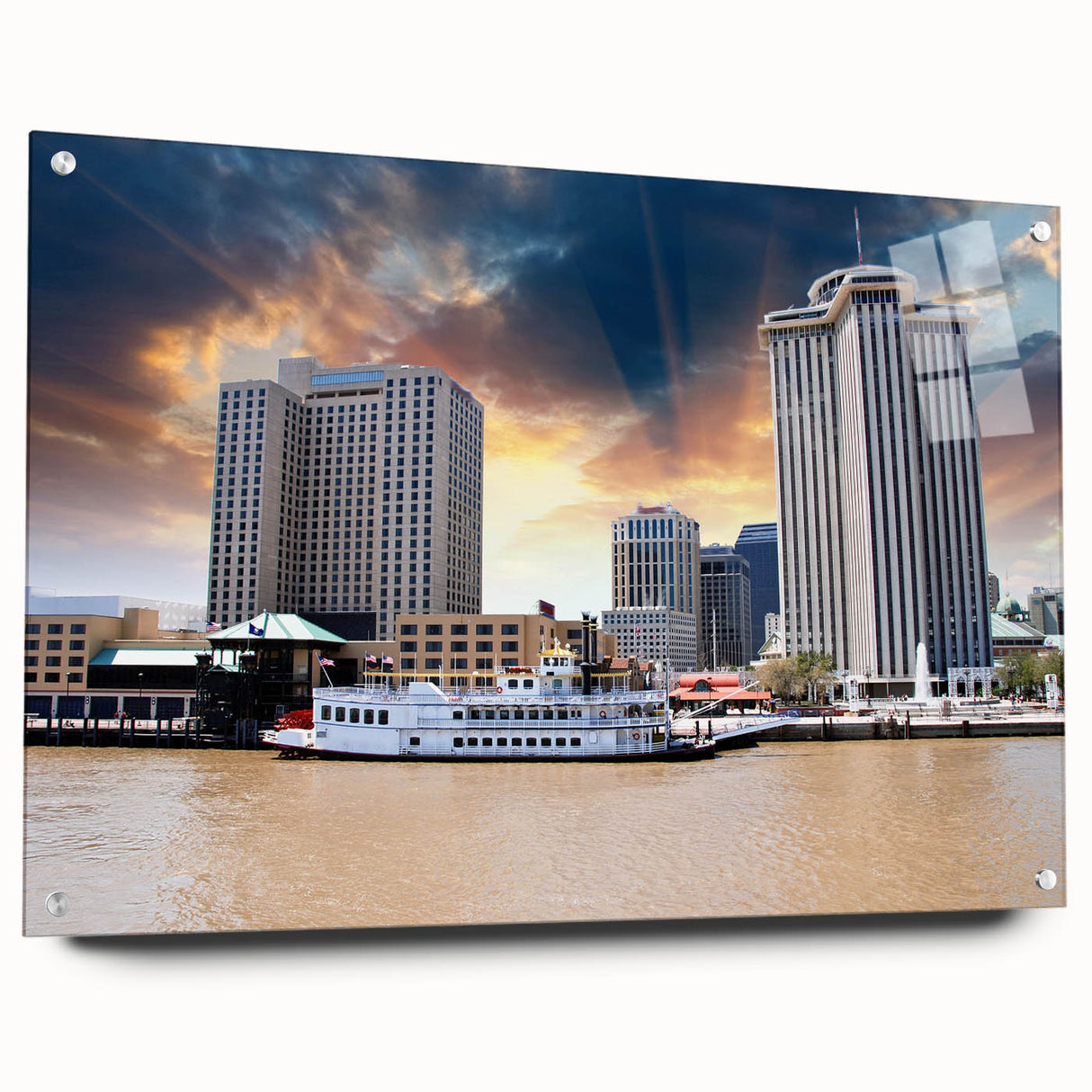 Acrylic print of New Orleans scenery in muted earth tones, ideal for dining room decor.