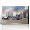 Large abstract wall art depicting a stylized New Orleans scene in muted colors on a framed acrylic.