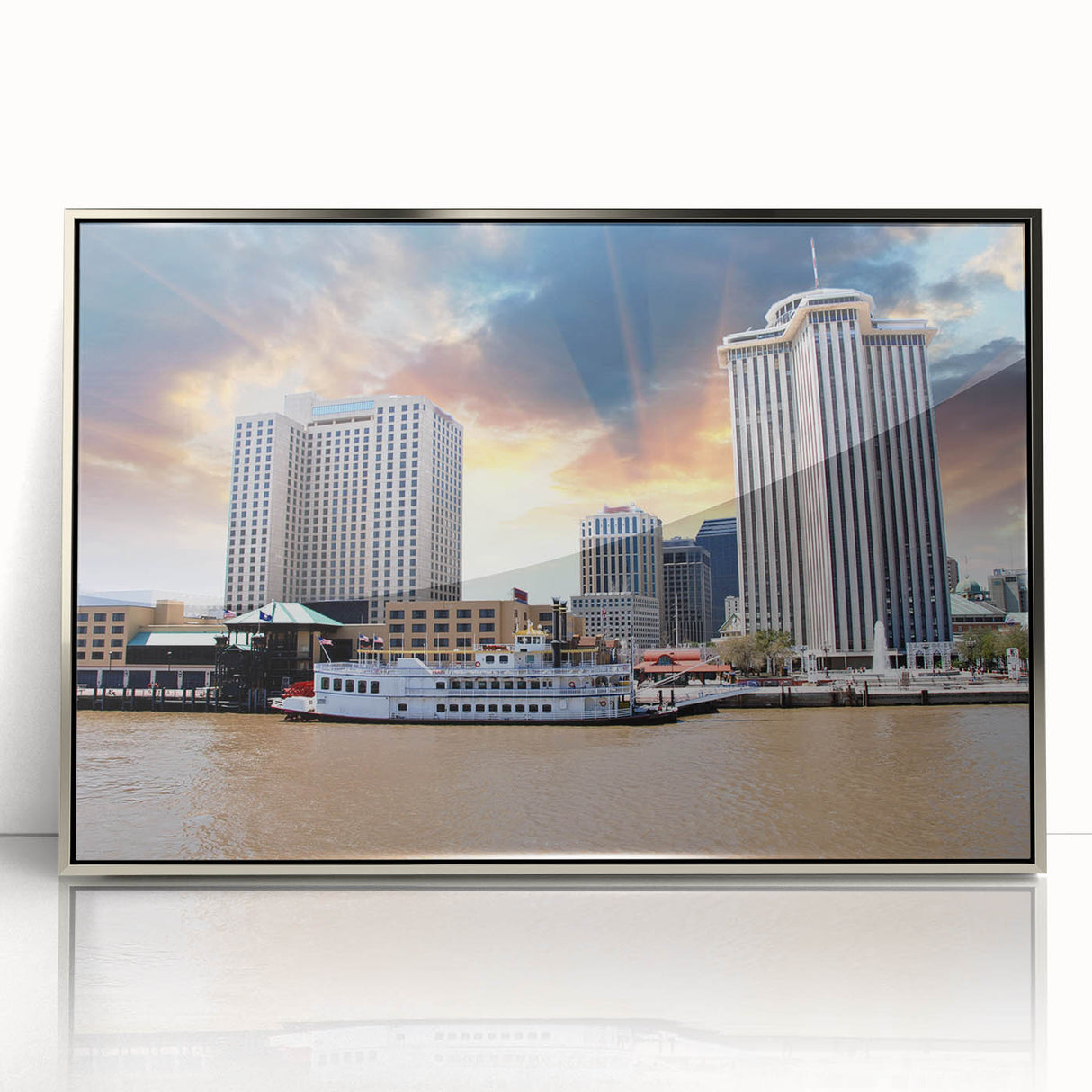 Mid-century modernist art depicting New Orleans scenery on a silver-framed acrylic print, suitable for modern art wall decor.