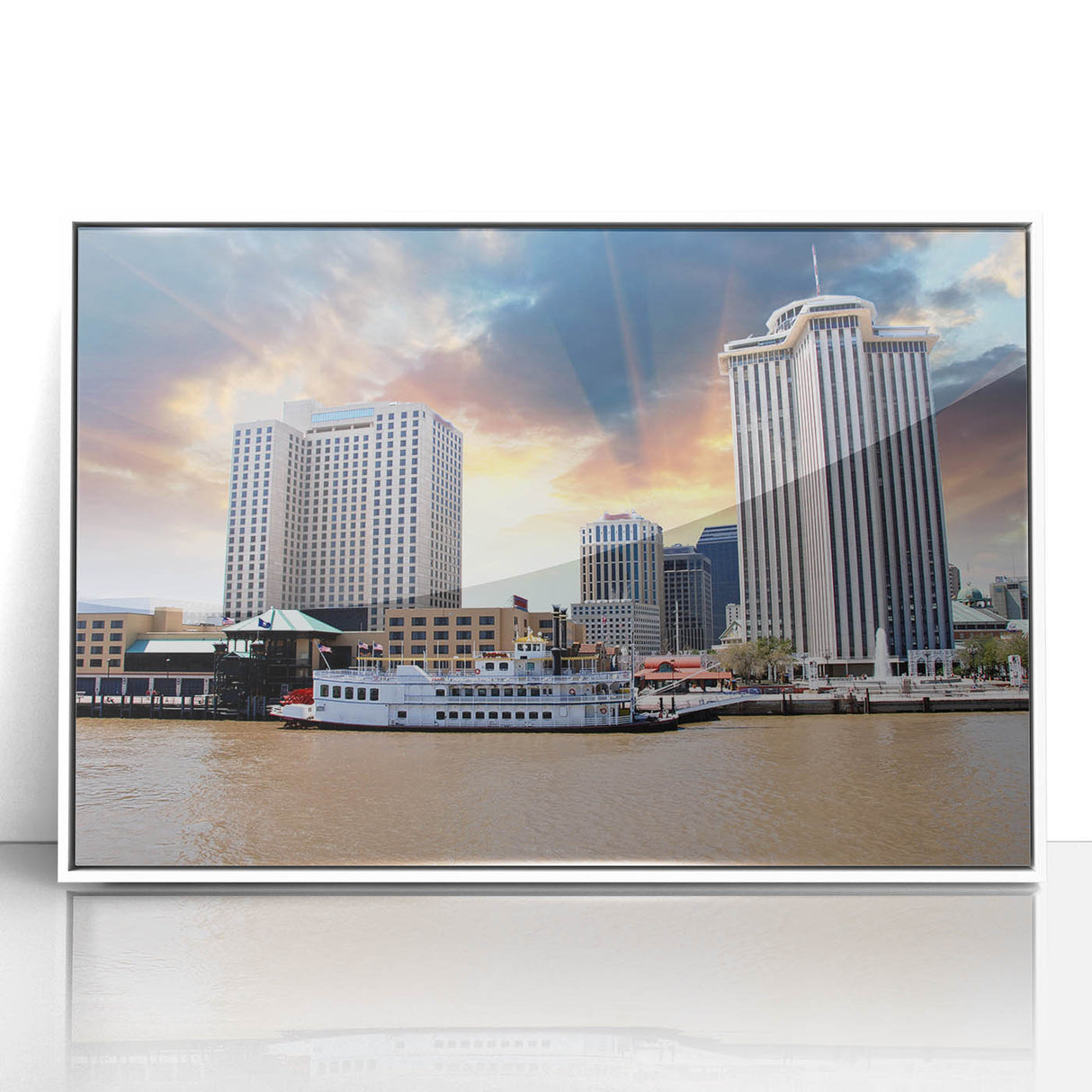 Acrylic print of New Orleans scenery in art deco style with muted pastel colors, ideal for modern nursery wall art.
