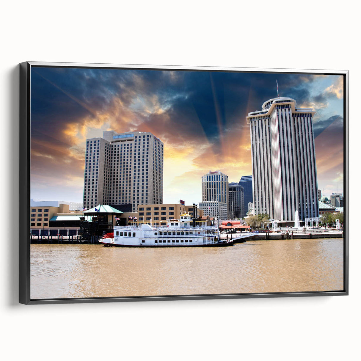 Black and white framed canvas of New Orleans landscape, vintage poster style, ideal for bedroom wall art.