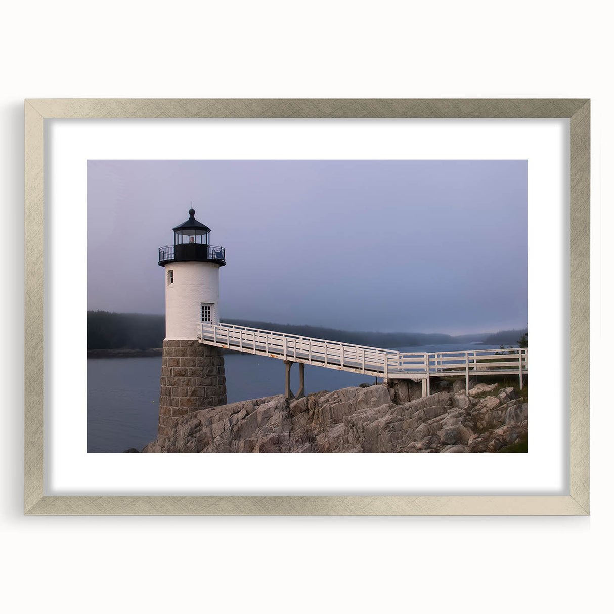 Textured abstract art print of Acadia, Maine, in silver frame, with muted earth tones, ideal for bedroom art.