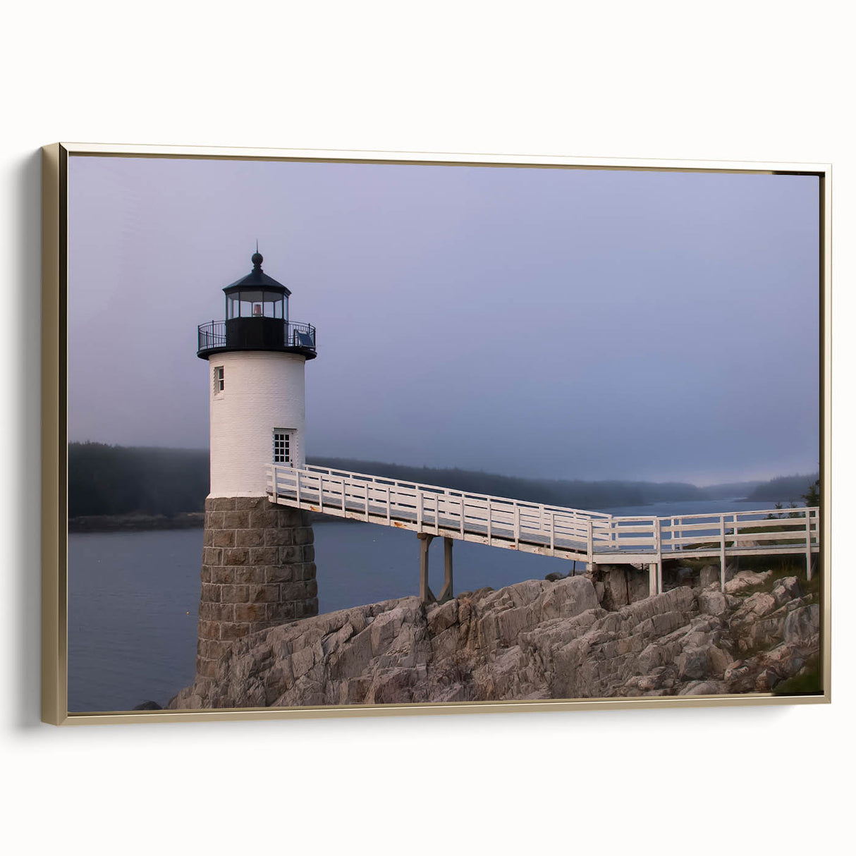 Framed canvas wall art depicting Acadia's scenic landscape in vintage poster style with black and gold tones.