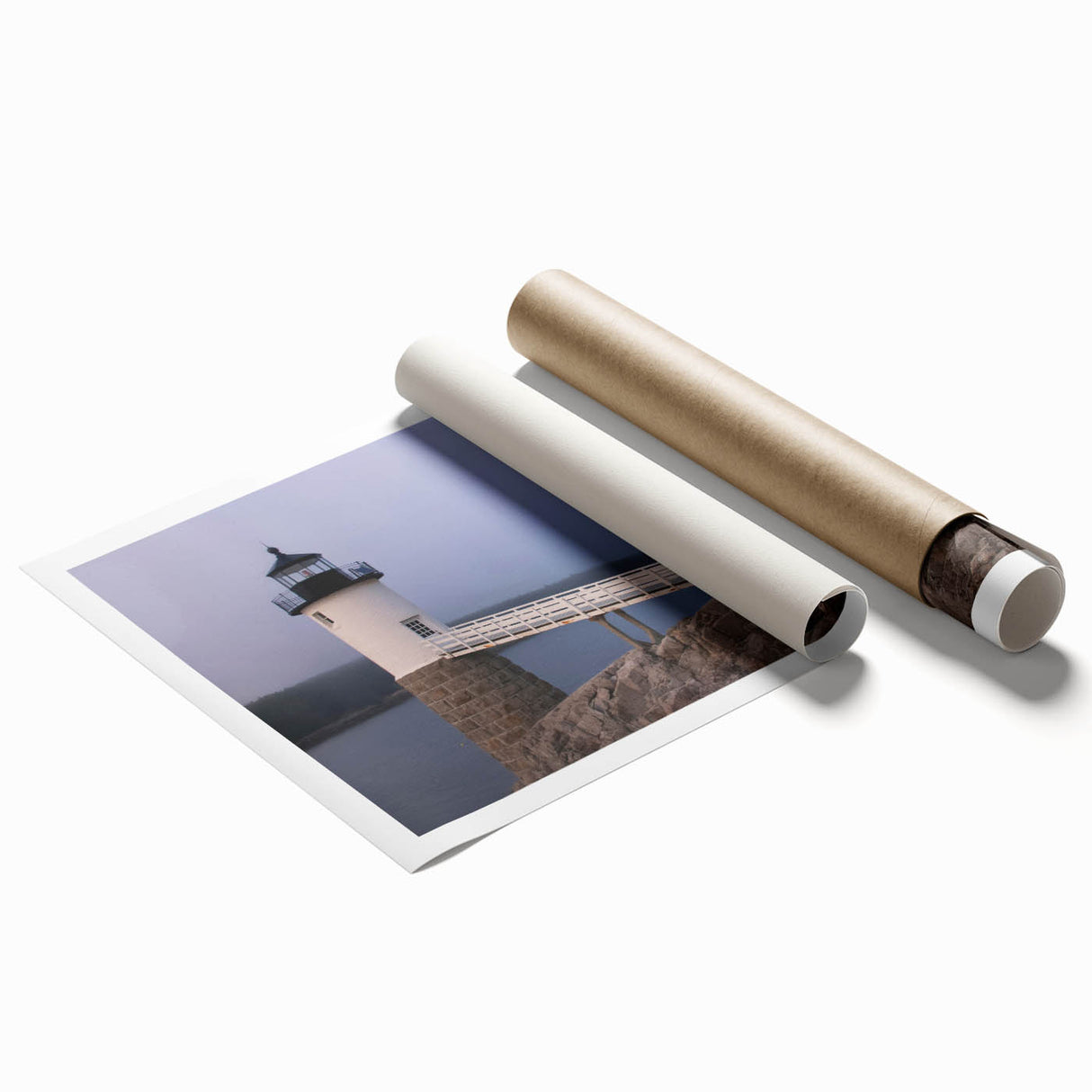 Extra large rolled print of Acadia's rocky coastline with understated floral accents in soft earth tones.