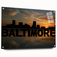 Acrylic print of Baltimore skyline in muted gray and blue tones, ideal for modern bedroom ambiance.