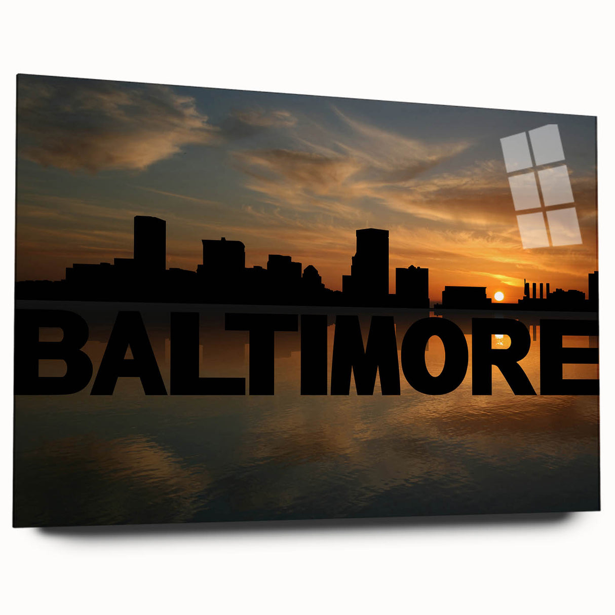 Large abstract depiction of Baltimore skyline in muted blue and gray tones on acrylic glass.