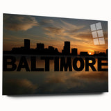 Large abstract depiction of Baltimore skyline in muted blue and gray tones on acrylic glass.