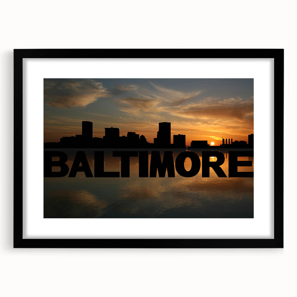 Extra large abstract art print of Baltimore skyline with vibrant colors and textured finish on a framed black mat.