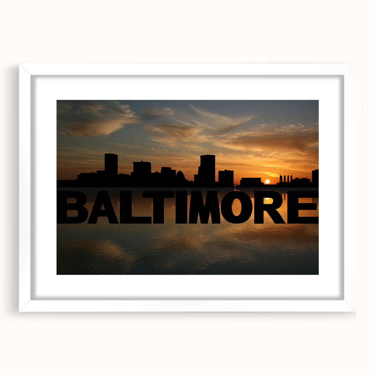 Abstract art print of Baltimore skyline in muted gray and blue tones, framed with a white mat.